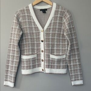 Tahari Plaid V-Neck Cardigan Size‎ XS Brown Tan Off-White Ivory